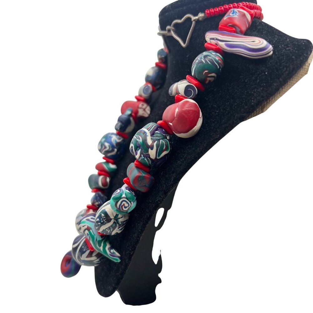 Vintage Handmade Polymer Clay Necklace Sterling Silver Clasp 24" Red Blue Art - Picture 11 of 16